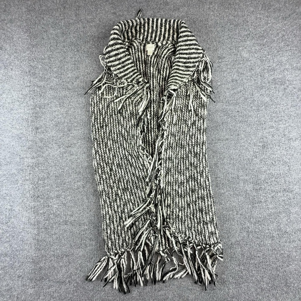 Chico's Sweater Vest Womens 1 Black White Striped Fringe Chunky Knit Open Collar